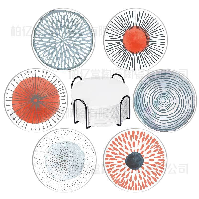 Amazon bestseller Japanese printed line pattern ceramic dining mat, round coaster with stand, 6/8 piece set