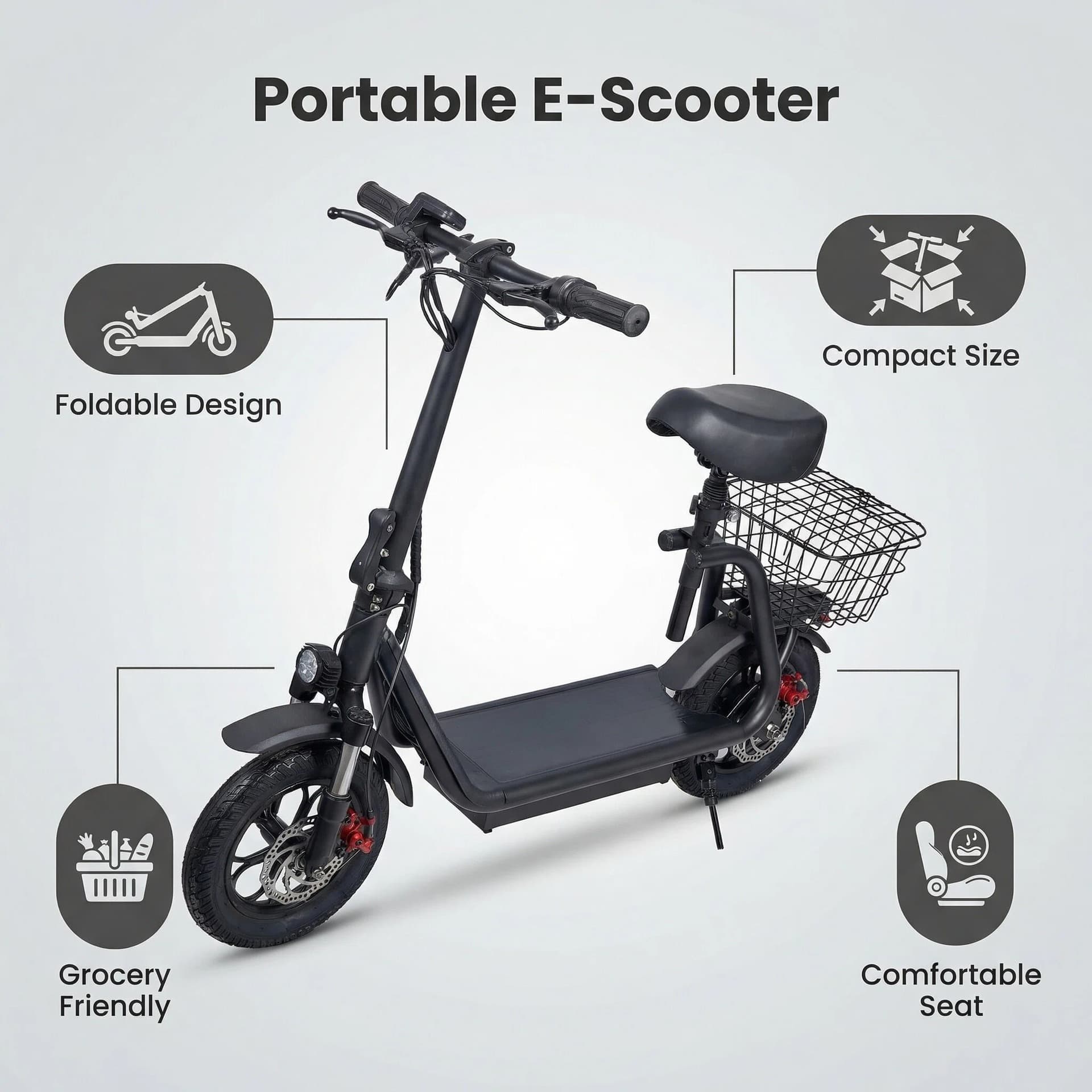 Cross-Border Exclusive Supply Shopping Cart 12-Inch 48V Lithium Battery Electric Scooter Adult Model Dual Shock Absorption Seat with Basket