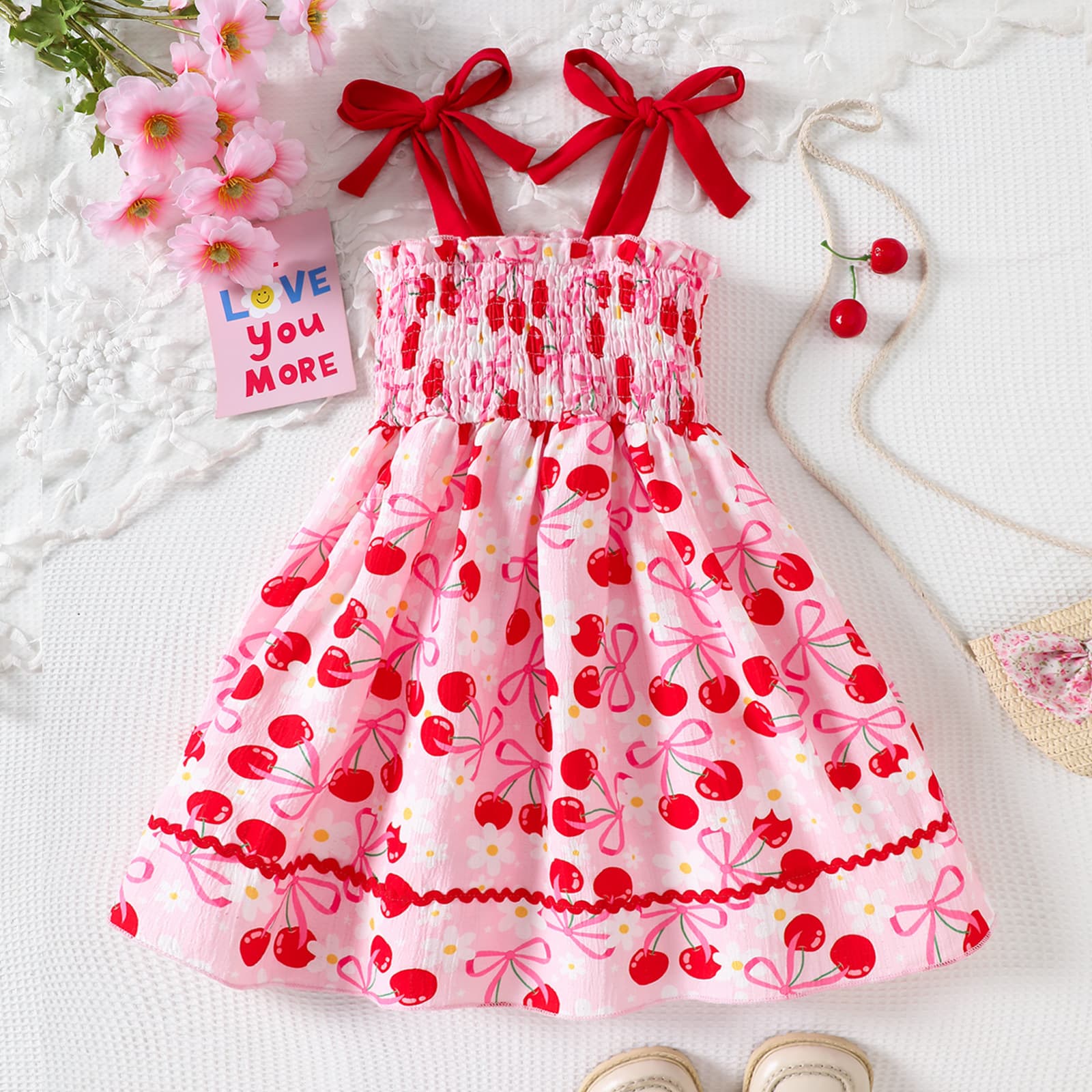 Girls Summer Dress, Toddler and Young Girls Sleeveless Dress with Cherry Print, Stylish Lace Princess Dress