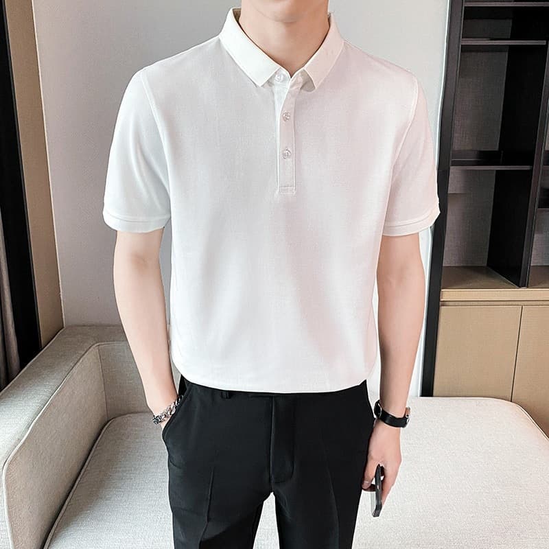 Black ice silk short-sleeved Polo shirt for men in summer, light and mature style top, casual lapel half-sleeved T-shirt