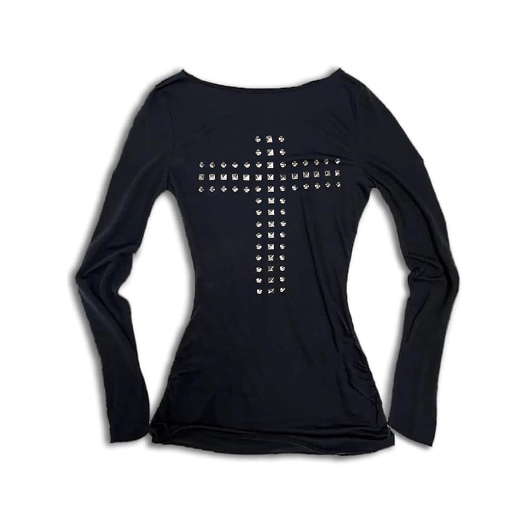 Y2K spring and summer women's fashion casual cross hot diamond round neck long-sleeved T-shirt top Emo women's clothing