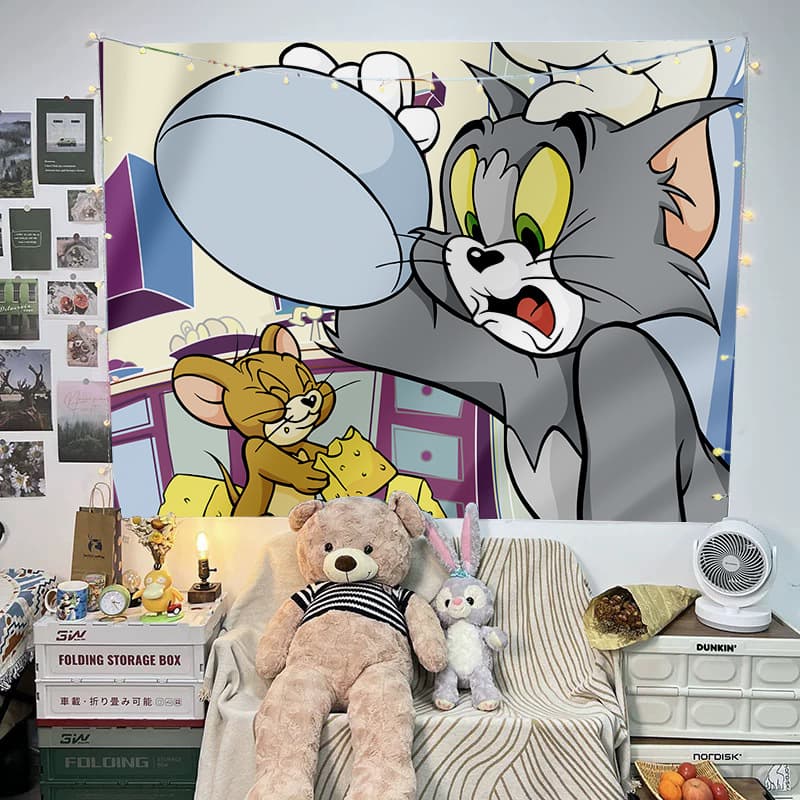 Tom and Jerry Cartoon Background Cloth for Children's Room Decoration, Bedside Cover and Renovation, Atmosphere Background Hanging Cloth