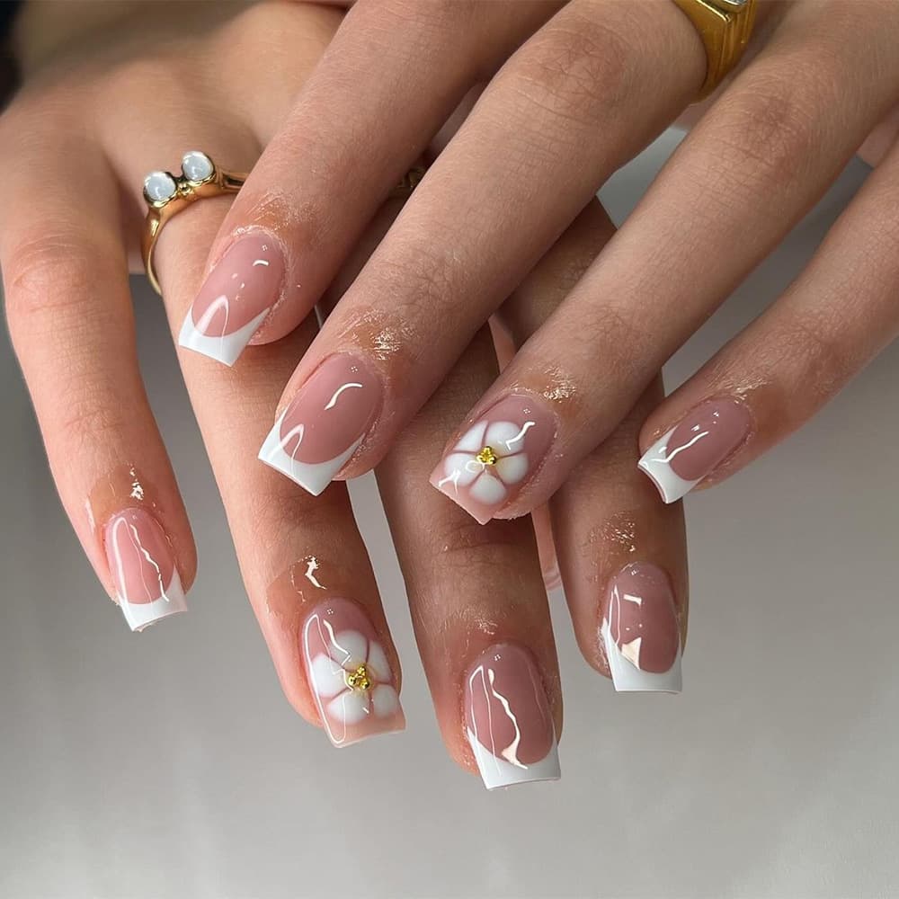 French Nail Tips Wearable Nails Rhinestone Nail Wraps 24 Pieces Spring Fake Nails