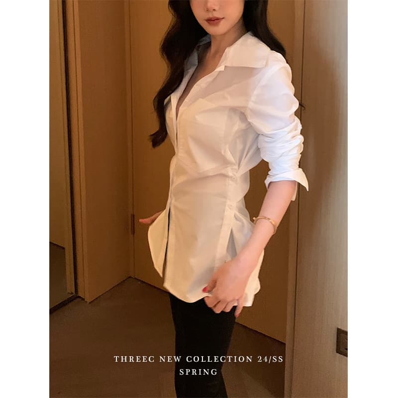 Threec 'Hidden Desire' Slim Fit White Blouse Women 2025 New Designer Unique Shirt Top