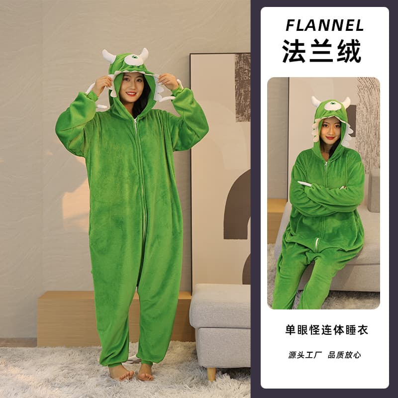 Big Eye Monster Cartoon Pajama Robe Warm Homewear Flannel Onesie Pajamas for Couples and Friends Party