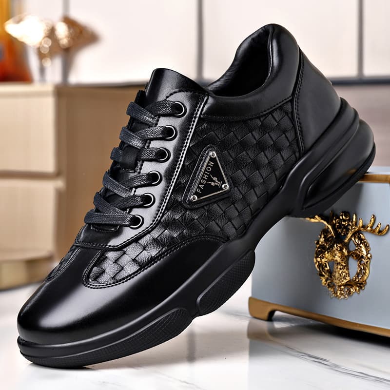 Men's Casual Leather Shoes Spring Woven Loafers Soft Sole Breathable Lace-up Round Toe Sports Casual Shoes Cushioned