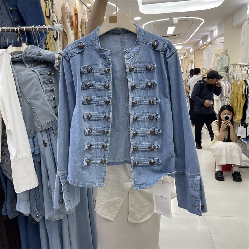 European and American Retro Palace Style Vintage Stand Collar Denim Jacket for Women Autumn Personality Decorative Casual Outerwear Coat