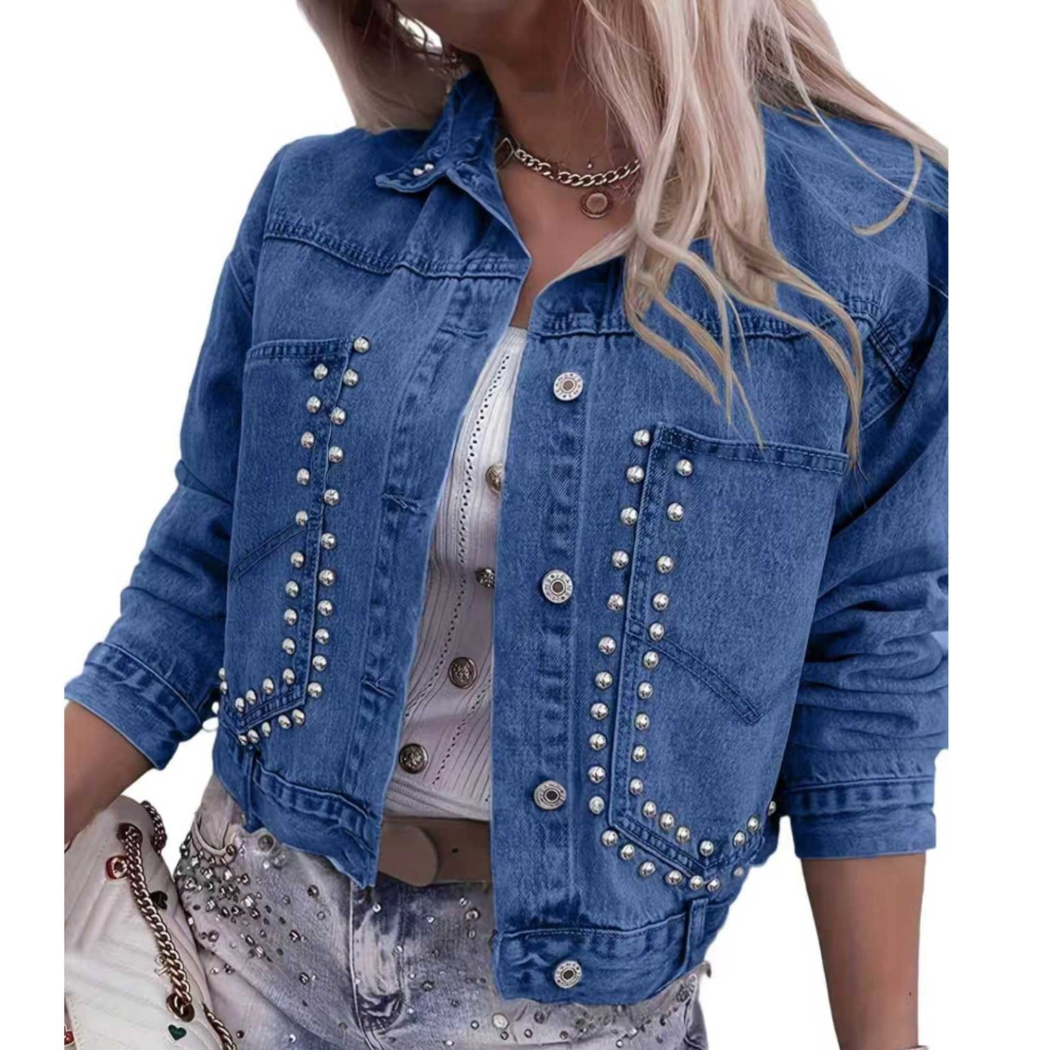 Beaded Plus Size Fashion Denim Top with Beaded Decoration Stretch Denim Jacket