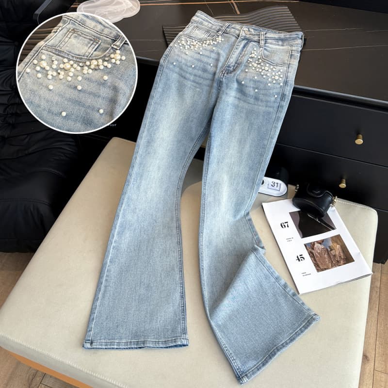 Spring New Korean Style Heavy Pearl Studded Flared Thin Denim Pants for Women High Waist Slim Fit Long Pants