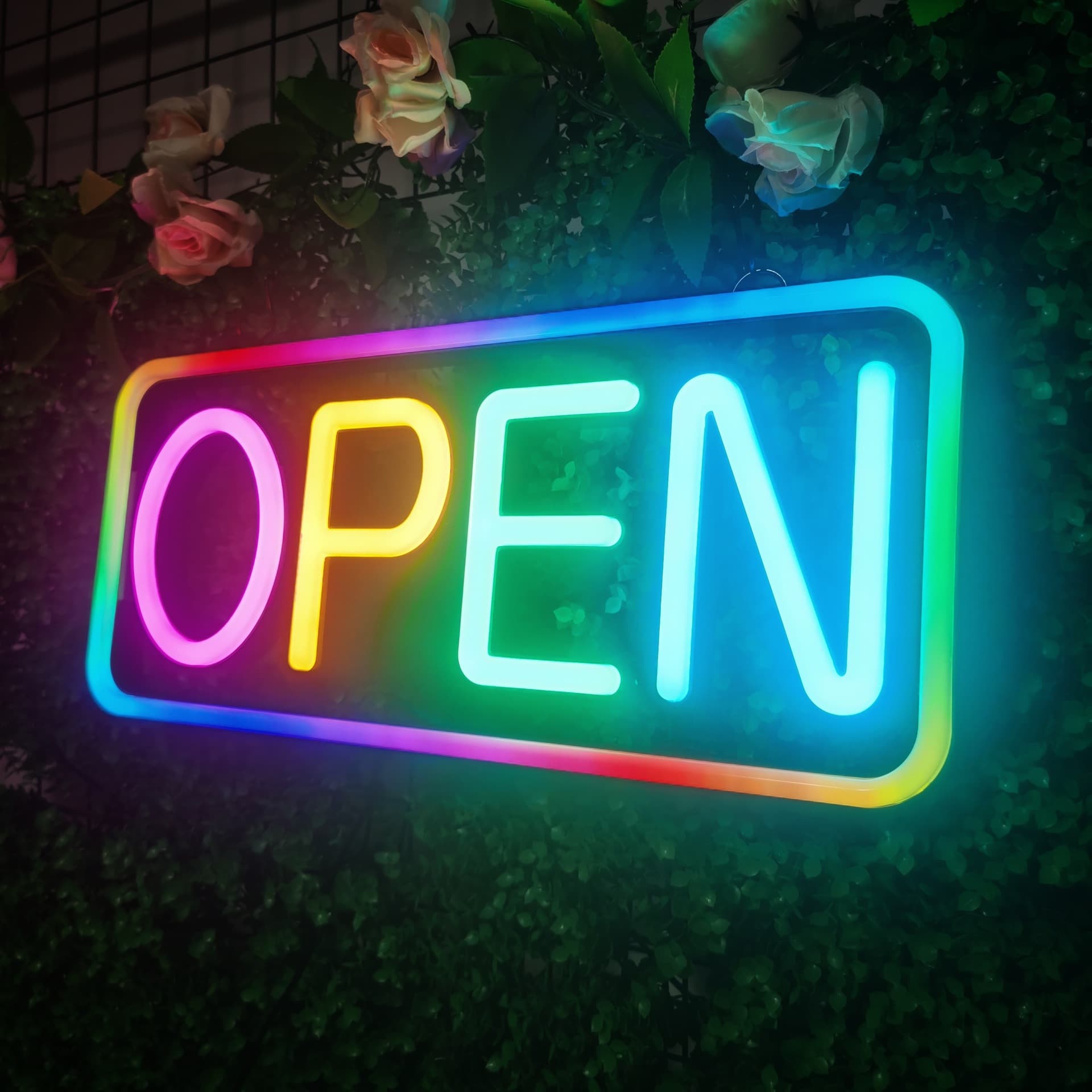 Remote-Controlled Open Sign LED, Rainbow Flashing Ultra-Bright Neon Light Box Advertisement