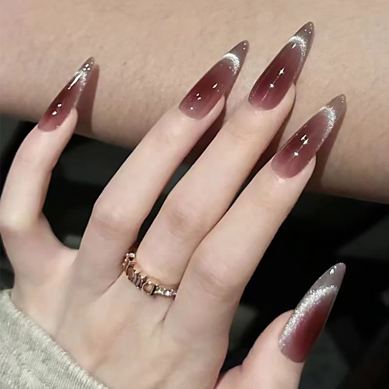 Cat-eye wearable nail patches, removable wine red nail patches, sweet manicure patches, high-end solid color long nail patches