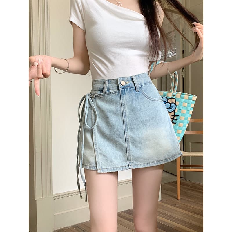 Plus-Size Vintage Denim Skirt for Women, Summer Anti-Exposure High-Waisted Slimming A-Line Short Skirt Pants