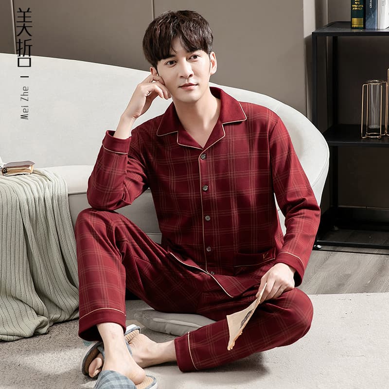 New Autumn/Winter 100% Cotton Men's Home Pajamas, Notched Lapel Simple Striped Cardigan Two-Piece Set Long Sleeve Long Pants