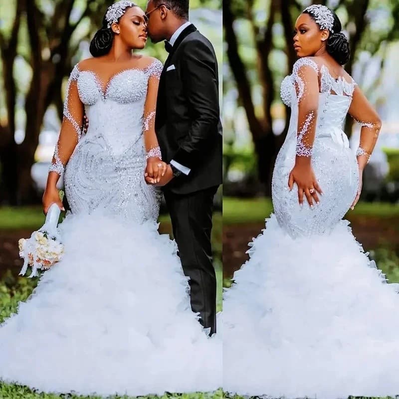 White Mermaid Wedding Dresses Sheer Beaded Sequin Layers Tulle Bridal Gowns Dress Lace Layers Long Sleeves Vintage