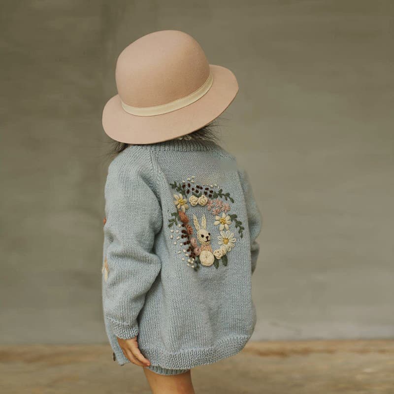 Pure Wool Embroidered Rabbit Cardigan Sweater Shorts Children's Long-Sleeved Knitted Jacket Autumn and Winter Girls' Tops for Children