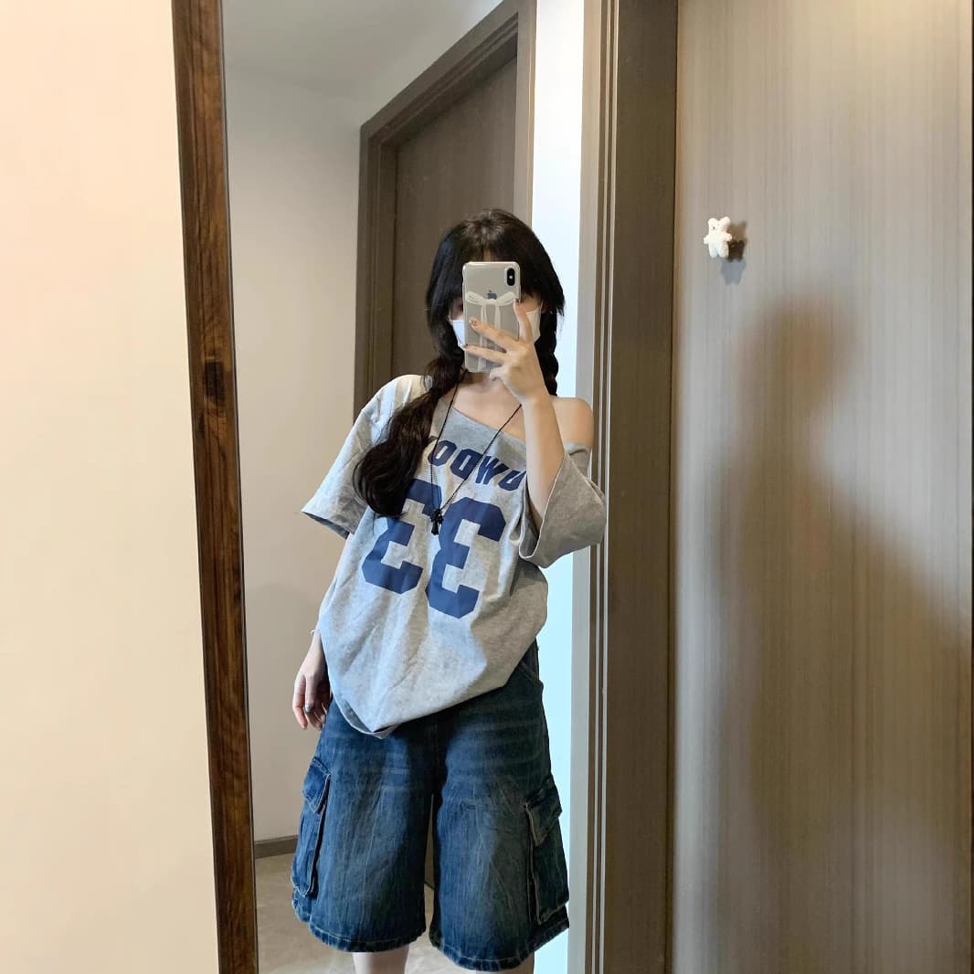 American-style Off-Shoulder Short Sleeve T-Shirt for Women 2025 Summer New Korean Fashion Casual Loose Fit Versatile Top