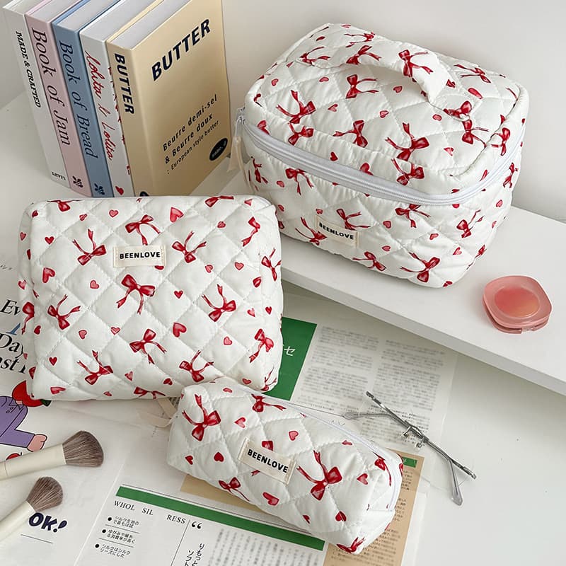 Runhui Bow Cosmetic Bag Large Capacity Storage Bag Fashion Quilted Cosmetic Bag Butterfly Pattern Cosmetic Bag