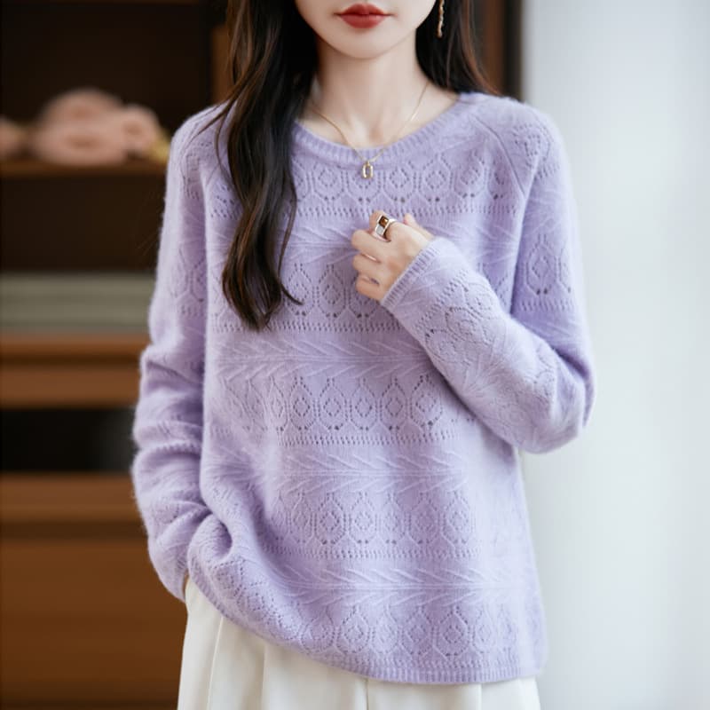 New Autumn/Winter 100% Wool Hollow Knit Sweater for Women, Loose Fit, Plus Size Fashion Top, Short Style Long Sleeve Blouse