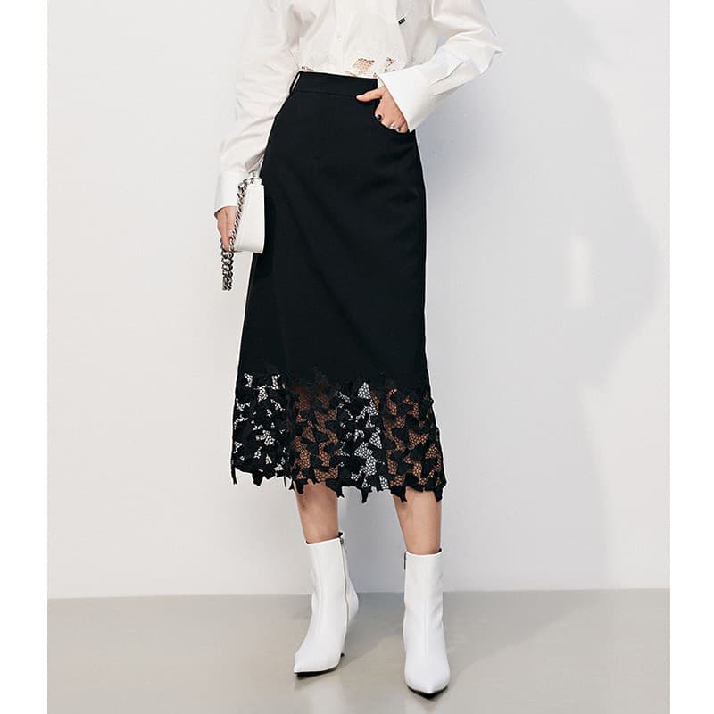 [FF Order] 2026 Spring New Black Hollow Bow High-Waist A-Line Skirt for Women, Slimming
