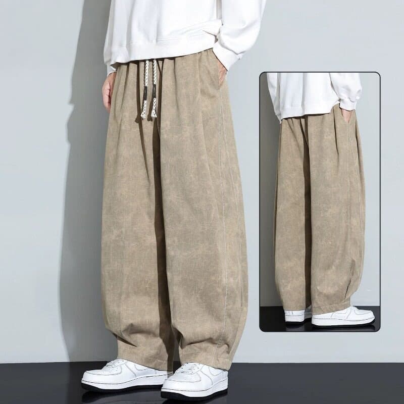 New solid color simple loose casual pants men's fashion large size wide leg versatile drape commuting drawstring trousers