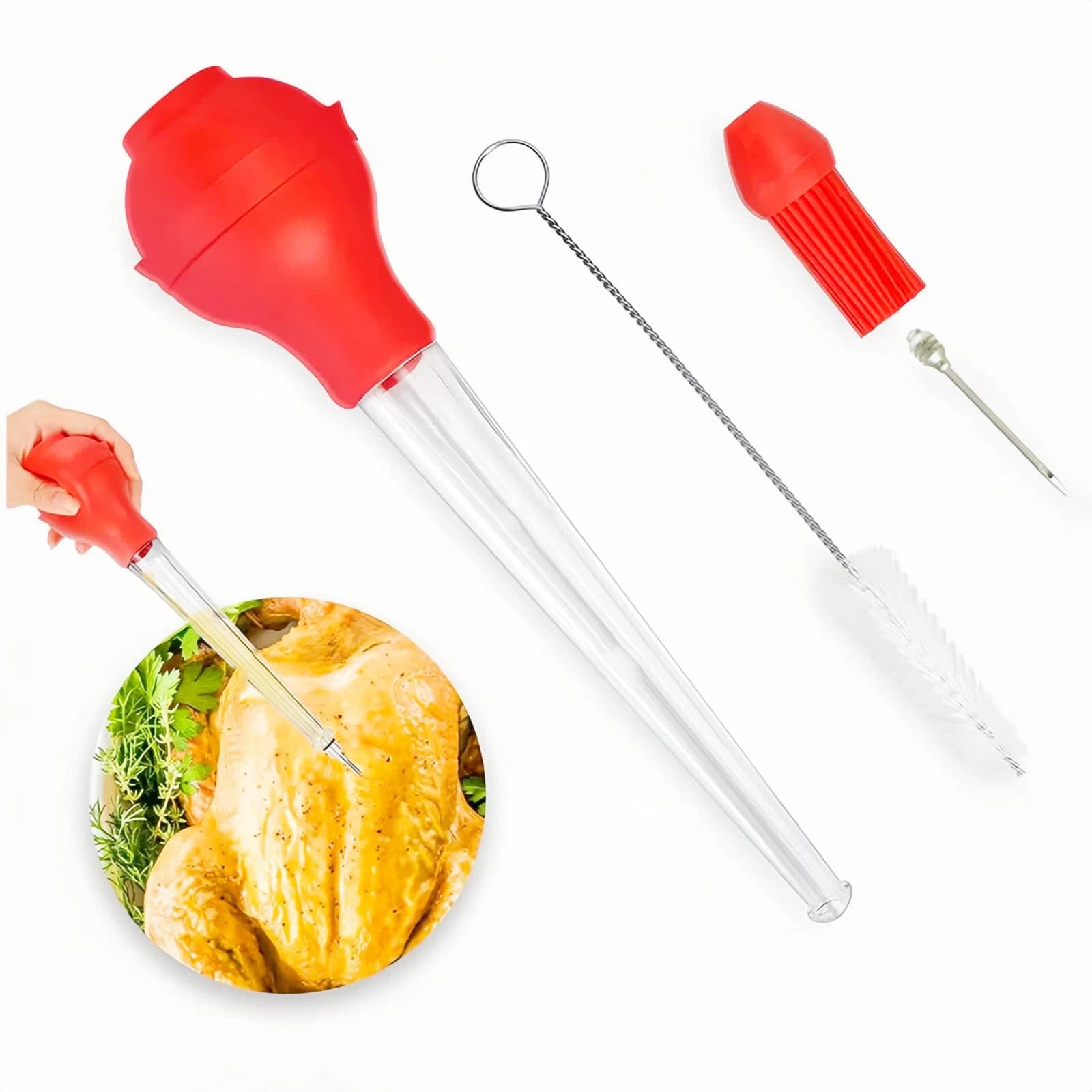 Turkey Baster Silicone Turkey Seasoning Pump BBQ Tool Silicone Oil Drip Tube with Cleaning Brush Red