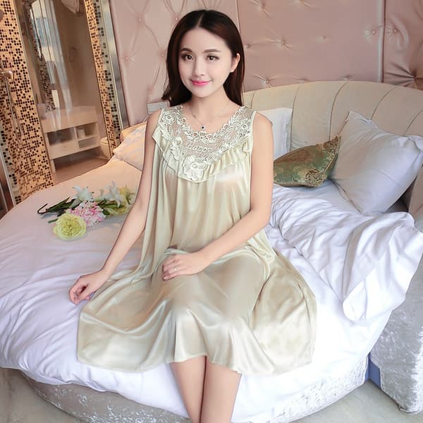 Ice Silk Sleep Dress Women Summer Thin Happy Lace Collar Sleeveless Plus Size Pajamas Homewear Cross-border Hot Sale