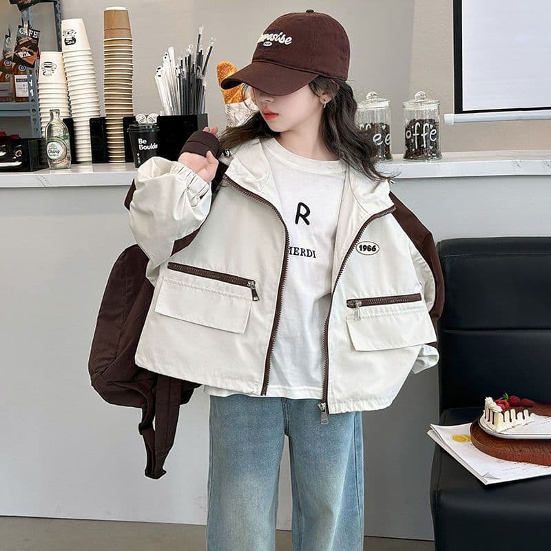 2025 New Spring/Autumn Fashion Color-Block Windbreaker for Girls, Trendy Versatile Casual Outdoor Windproof Jacket for Older Kids