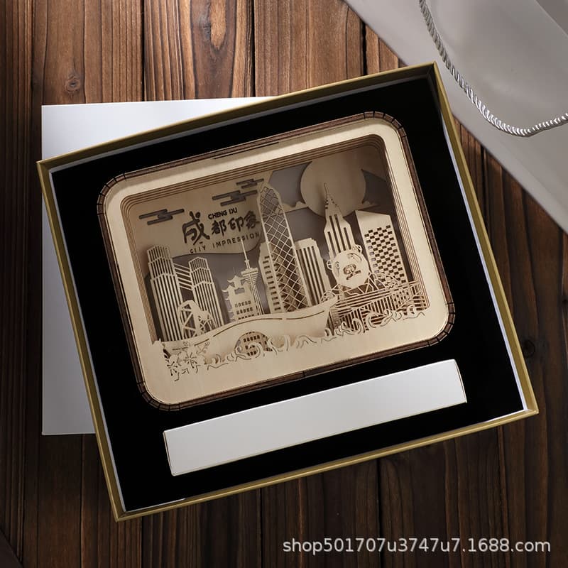 Light and shadow wood carving lamp 3D three-dimensional picture production night light gift scene souvenir wood art peach wood solid wood