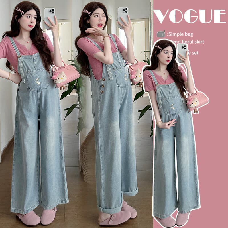 2025 Summer Fashionable and Chic Maternity Embroidered Overalls Denim Wide-Leg Pants Casual and Youthful Set