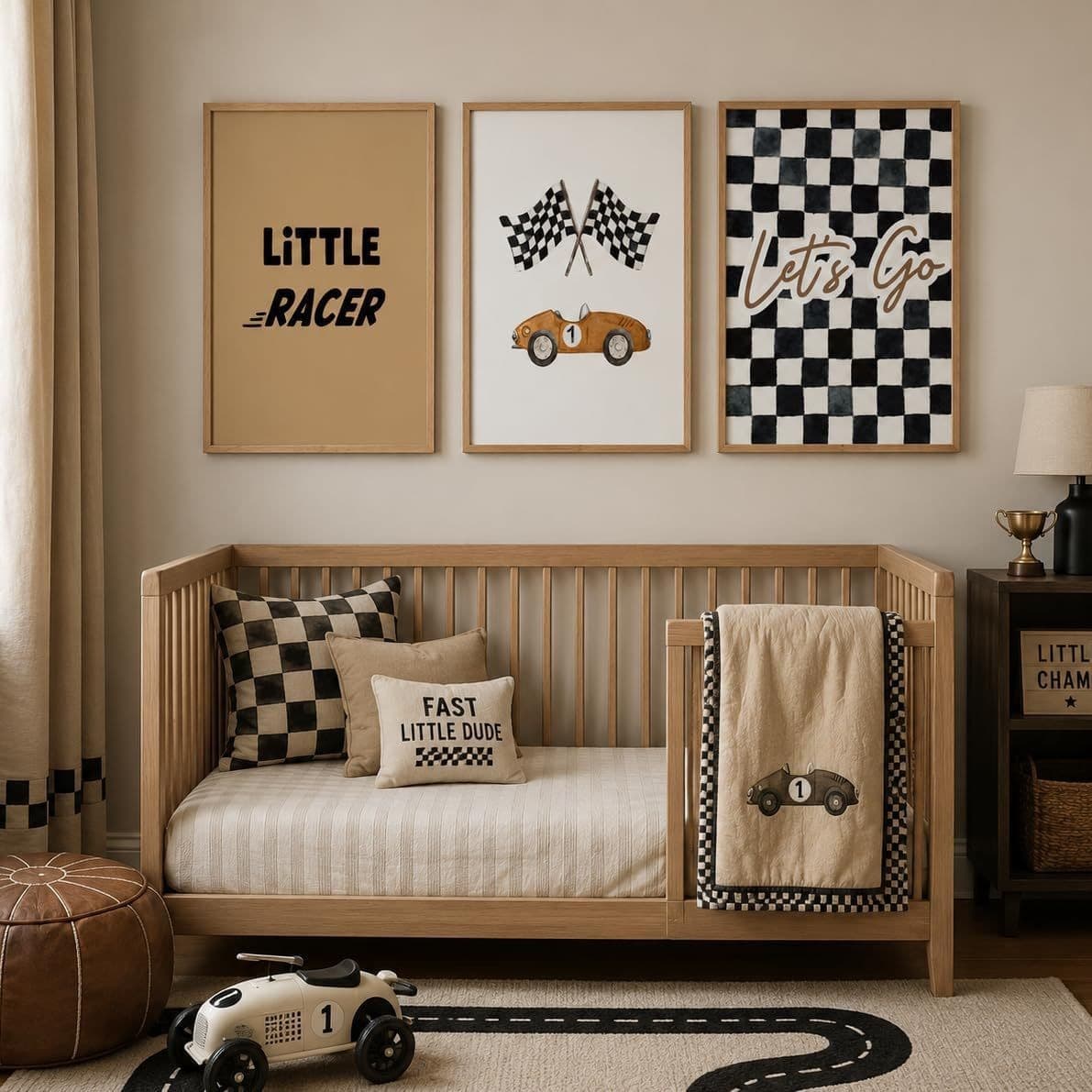 3-Pack Vintage Racing Wall Art Prints Little Racer with "Go" Checkered Flag Poster Vintage