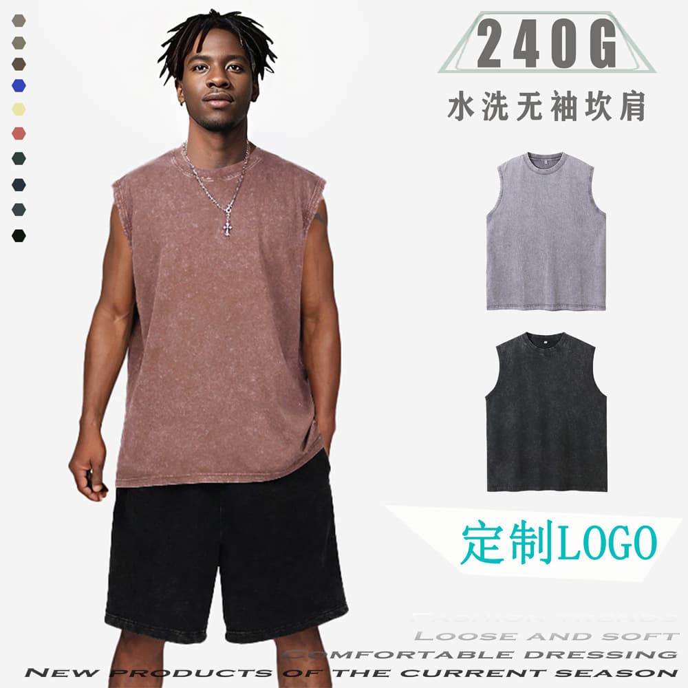 Streetwear casual vest for men, loose fit, sleeveless, 240g, distressed pure cotton, versatile set.