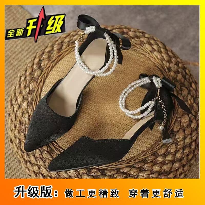 Elegant High Heels 2025 Spring New Pearl Stiletto Mature Style for Skirts Chanel-Inspired Pointed Toe Bow Sandals