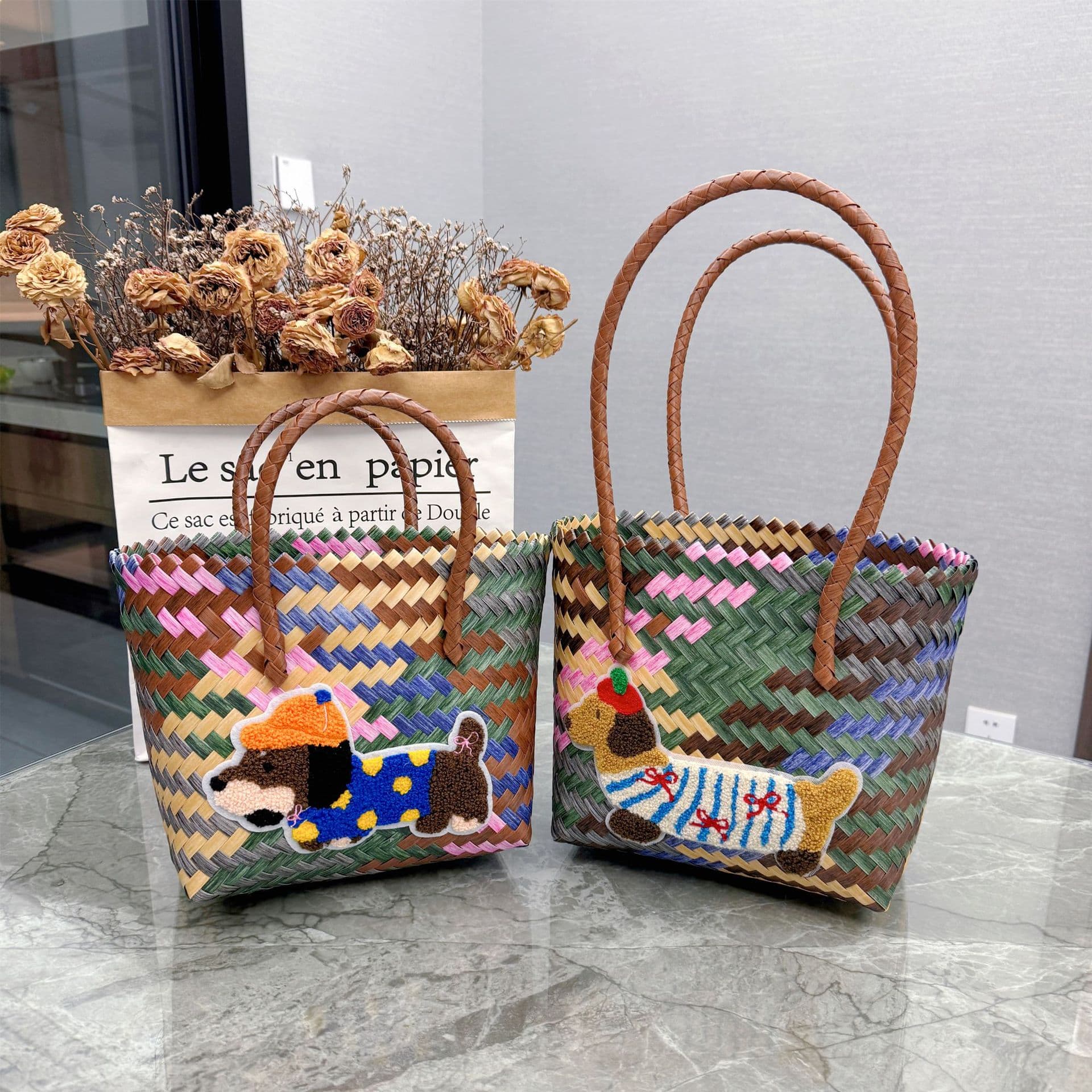 Striped retro dachshund jasmine woven market basket 2024 rattan new handbag commuter tote shoulder bag