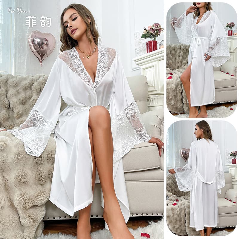 New Cross-Border Satin Morning Robe Pajamas for Women Lace Light Luxury Long Sleeve Cooling Robe Bathrobe Homewear 780