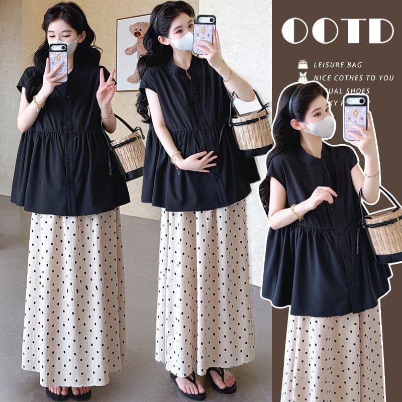 Maternity 2026 Summer Drop Shoulder Black Shirt Babydoll Top + Cotton Linen Polka Dot Skirt Set