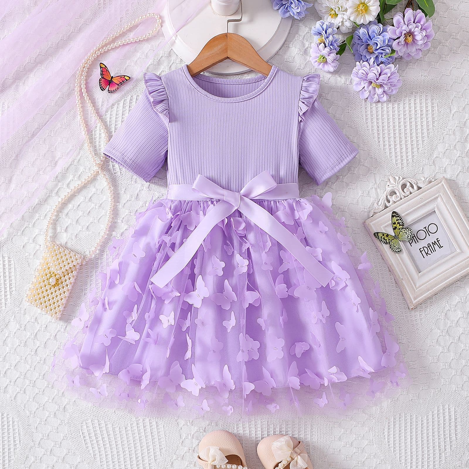 2026 Summer New Girls Short Sleeve Dress Korean 3D Flower Princess Dress Children Birthday Party Dress