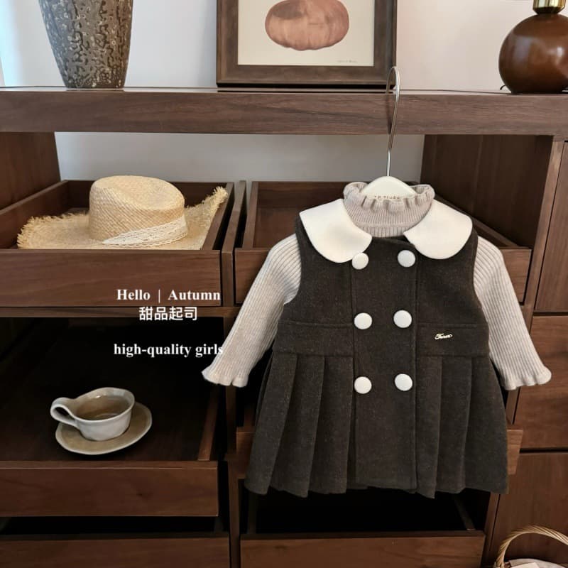【】Mocha Brown! French girl doll collar high-end double-breasted woolen skirt sweet one-year-old dress