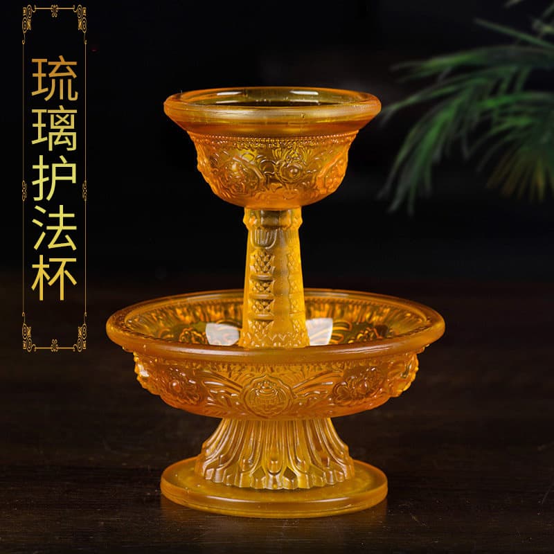 Crystal Glass Eight Auspicious Dharmapala Offering Cup, Tibetan Buddhist Supplies, Small Home Offering Cup