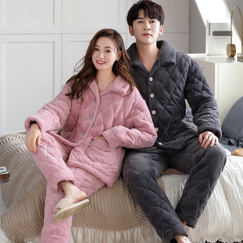 Newlywed Couple Pajamas Winter Cardigan Long Sleeve Solid Coral Fleece Three-Layer Thickened Warm Cotton-Padded Jacket Wear-Out Sleepwear