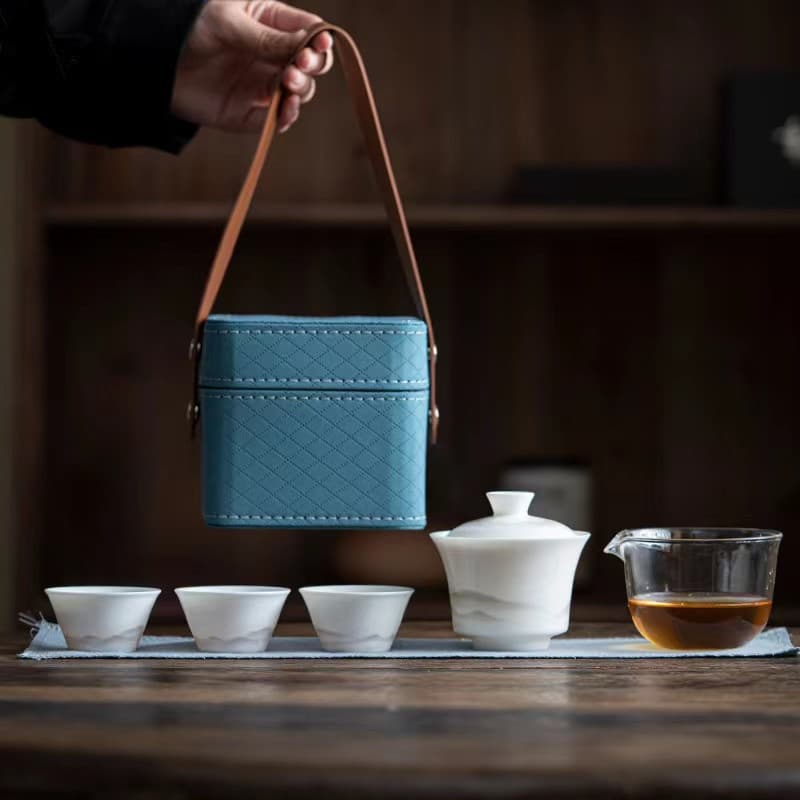 Portable Travel Tea Set with One Pot and Three Cups, Quick Cup for Outdoor Luxury Storage, Fine Porcelain Gongfu Tea Cups