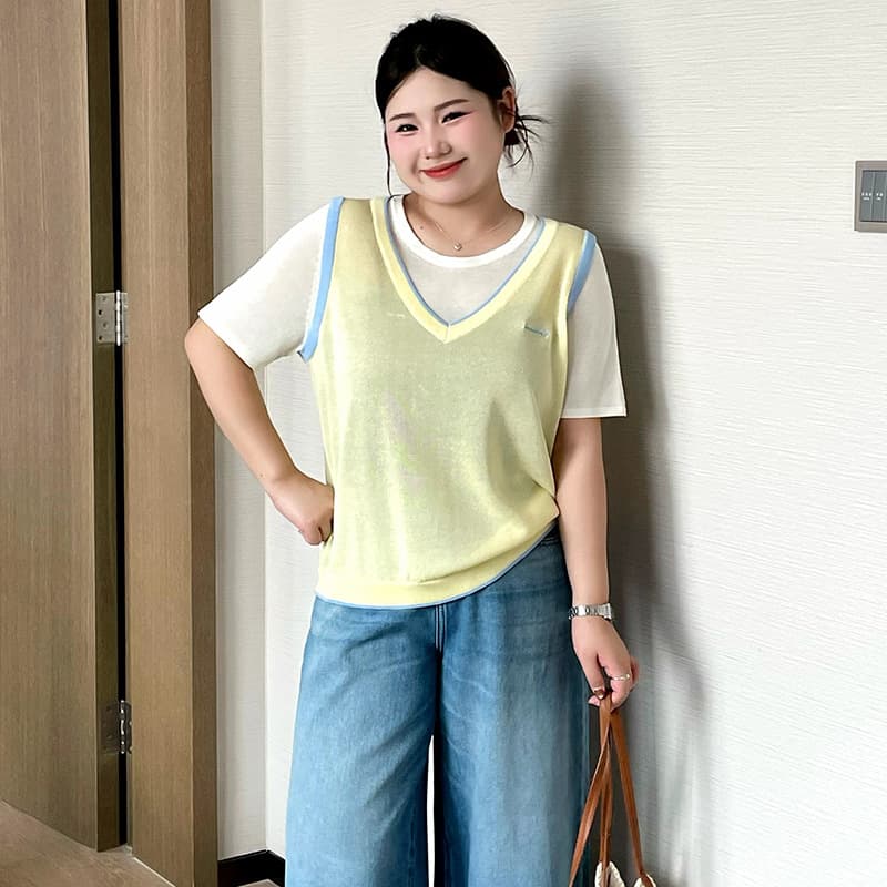 Plus Size Women's Round Neck Contrast Color Fake Two-Piece Casual Knit Top 2026 Summer Fat mm Short Sleeve T-Shirt 23895