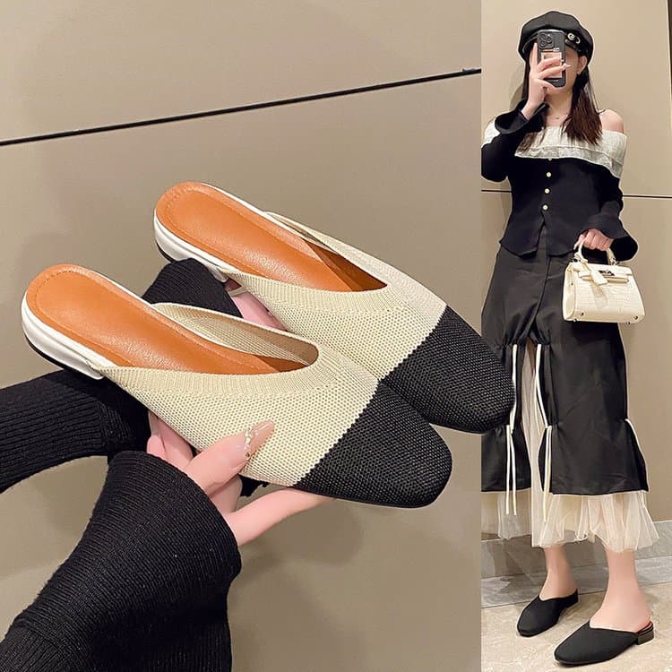 Baotou Slippers Women 2025 Korean Style Casual Knitted Color Block Square Toe Slip-On Flat Slippers