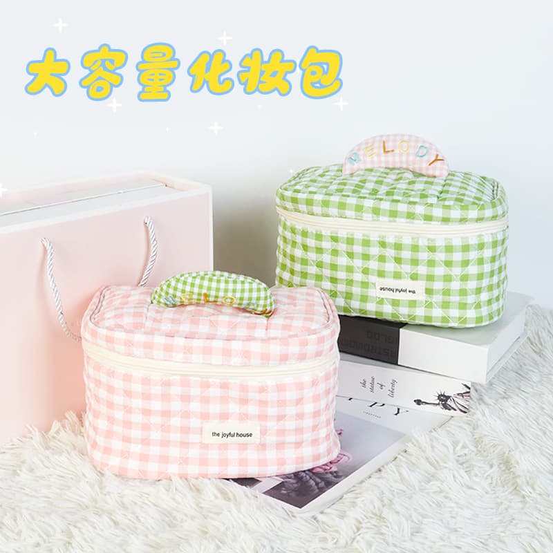 Plaid ins cosmetic bag women's large capacity portable storage bag portable travel toiletry bag macaron color