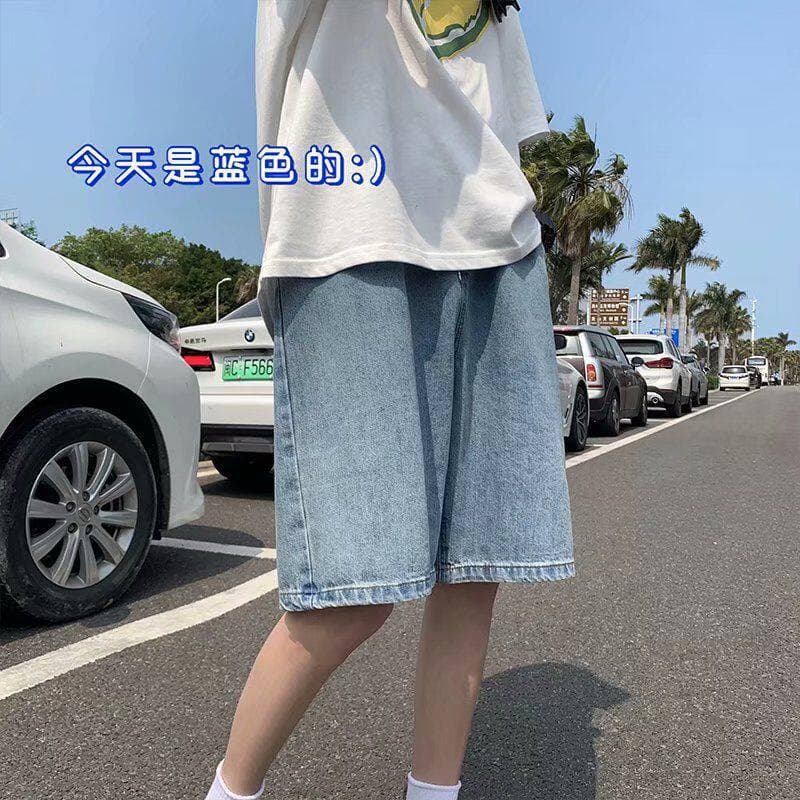 Summer Thin Denim Shorts with Elastic Waist for Men, Trendy Ins Loose Straight-Leg 5-Point Shorts, Vintage Casual Shorts