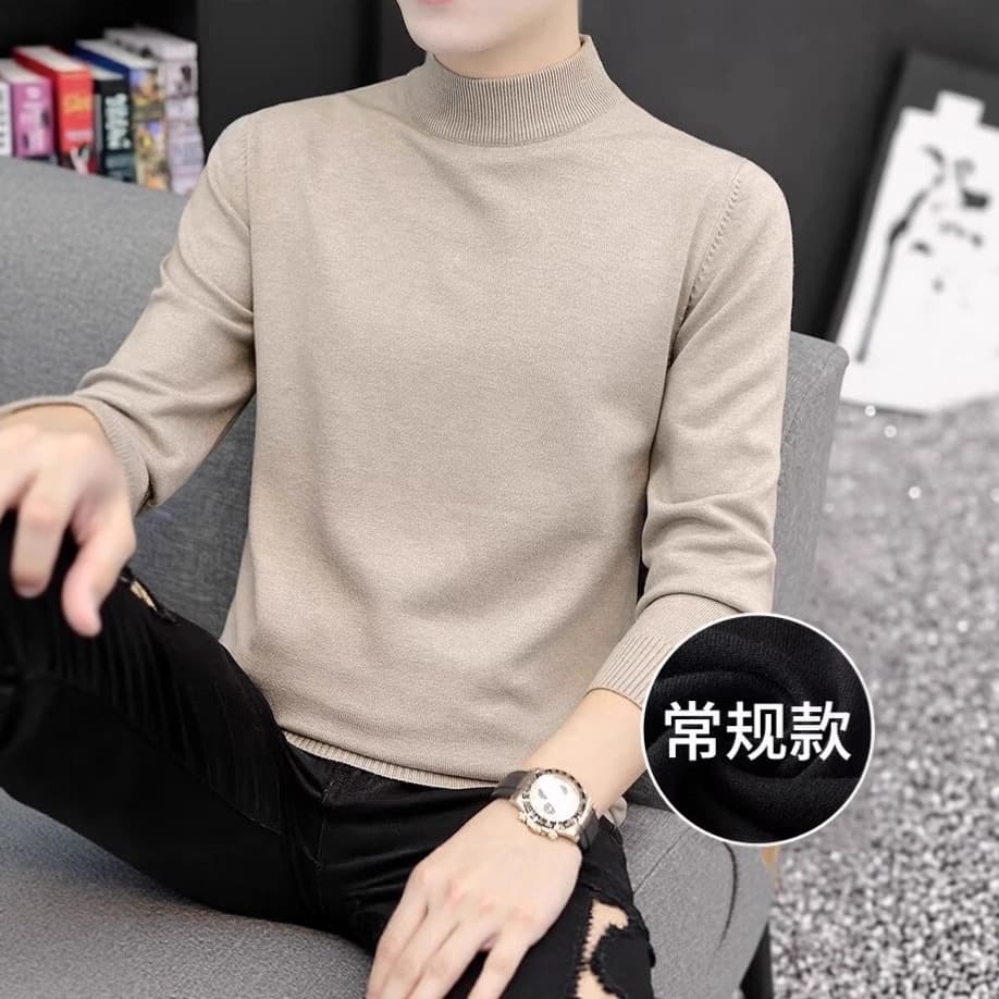 Spring Mid-Length Thickened Half-Turtleneck Sweater for Men, Solid Color Knit New Outerwear, Warm Knitted Wool Sweater