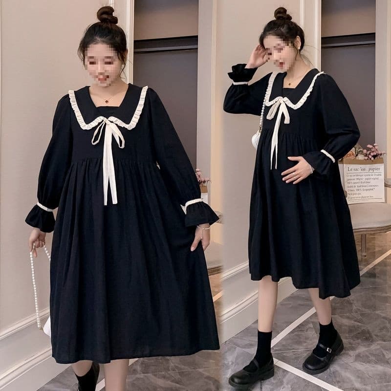 New Spring/Autumn Maternity Dress - Loose Fit, Stylish Long Sleeve Dress, Plus Size Collar, Over-the-Knee Long Skirt