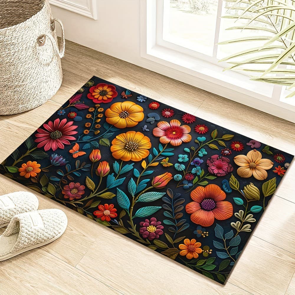 American-Style Strawberry Floral Floor Mat, Bathroom Water-Absorbent Quick-Drying Foot Mat, Entryway Dirt-Resistant Easy-Care Floor Mat, Entrance Door Mat