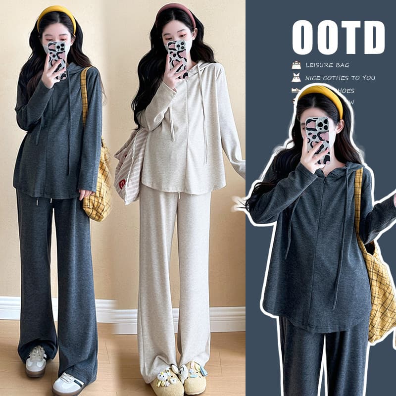 In stock 2025 autumn fashionable casual lazy style half-zip hooded top + wide-leg pants maternity suit