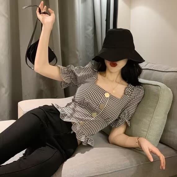 2023 Summer New Slim Fit Ruffle Plaid Blouse Short Sleeve Short Backless Shirt for Women