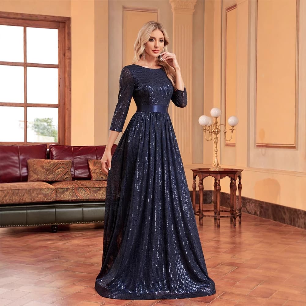 European and American Style Three-Quarter Sleeve Dress with Open Back A-Line Long Skirt, Sequin Fitted Fishtail Bridesmaid Evening Gown